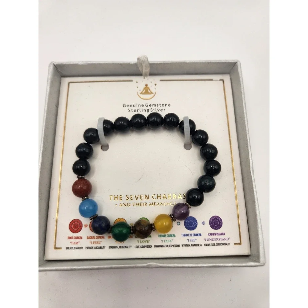 Genuine Gemstone Sterling Silver Seven Chakras‎ Beaded Stretch Bracelet